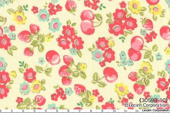 OLD NEW 30'S, Japanese, Lecien, Floral Cherries & Strawberries in White, 1/2 Yard