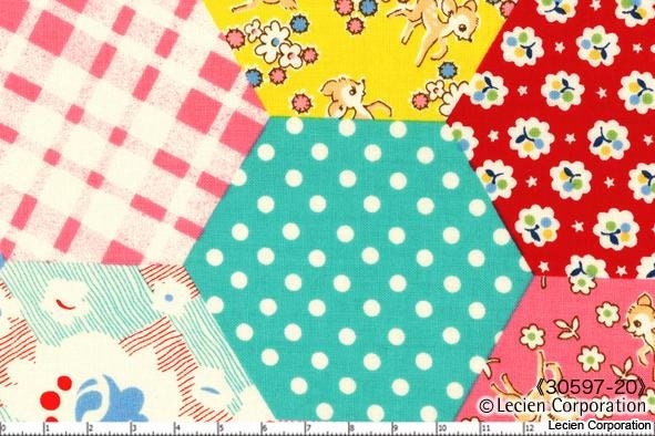 OLD NEW 30'S, Japanese, Lecien, Hexagon Patchwork in Aqua, Red, Yellow & Pink, 1/2 Yard