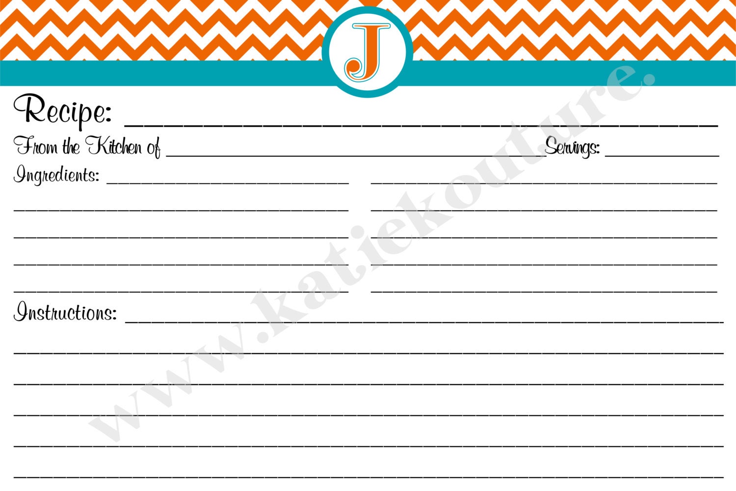 20 Recipe Cards Orange and White Chevron Zigzag with your choice of color Trim 4x6 (3x5 by request)