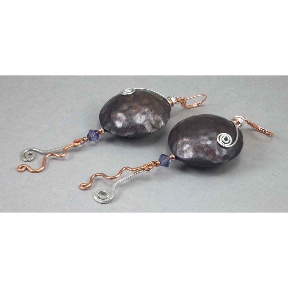 Handcrafted Lentil Earrings - Purple and Copper Dangle No. 153