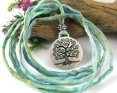 Tree of Life Birth Necklace - Mother's Necklace for Labor and Birth - Green & Blue Multi-Colored Silk