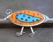 Bird Brooch.  Quirky Quail Colorful Enamel Brooch, Sterling Silver, Hand Made