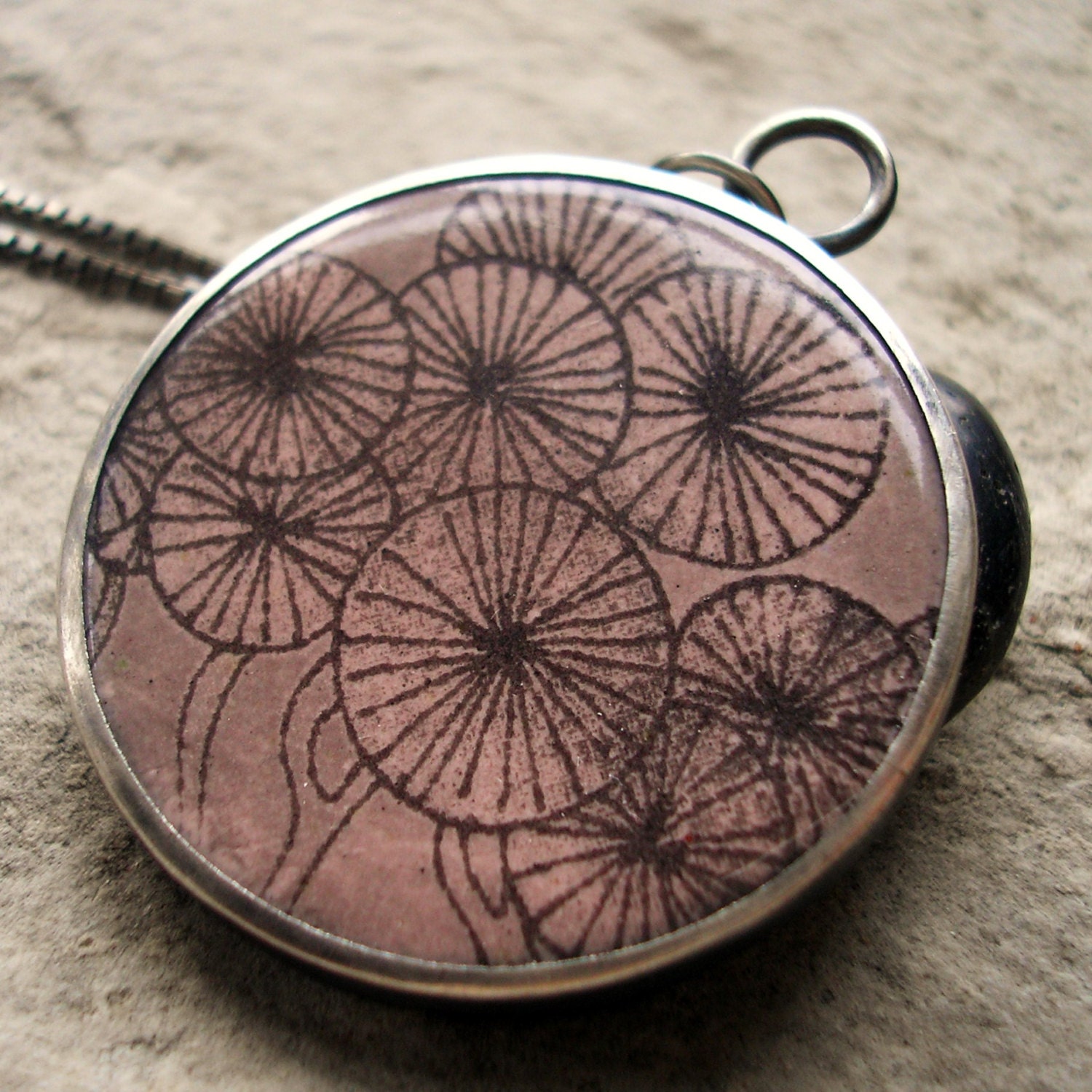 Pink Enamel Necklace - Pastel Pink Necklace - Pink and Grey - Lily Pads - Photo Enamel Necklace