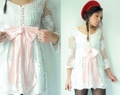 RARE 60's Vintage White Crochet Lace Mini Dress / Large Pink Bow / Sheer Sleeves / Flower Detail