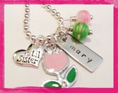 Personalized Necklace - Lil Sister or Big Sister - PINK TULIP Necklace - Hand Stamped for KIDS
