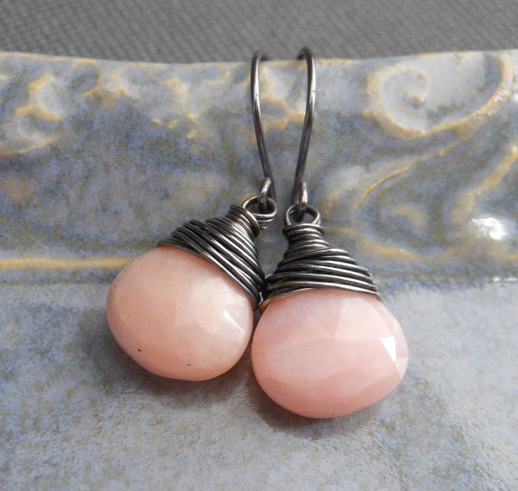 SALE Pink Opal Earrings, Wire Wrapped Faceted Pink Peruvian Opal Oxidized Sterling Silver October Birthstone.  October.