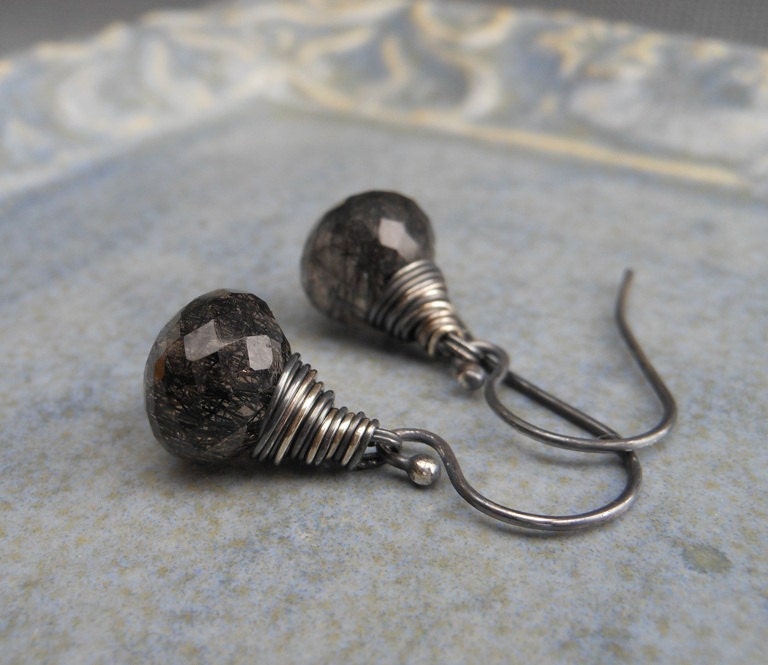 SALE Tourmalinated Quartz Earrings and Oxidized Sterling Silver Wire Wrapped.  Cause and Effect.