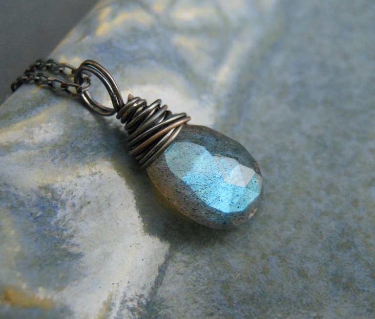 SALE Labradorite Necklace, Oxidized Sterling Silver Flashy Blue Wire Wrapped Pendant.