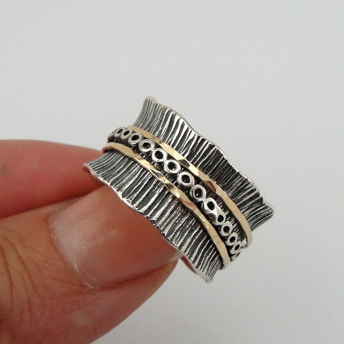 Stunning 9k Gold Sterling Silver Swivel Band / Ring size 7.5 (sp r100