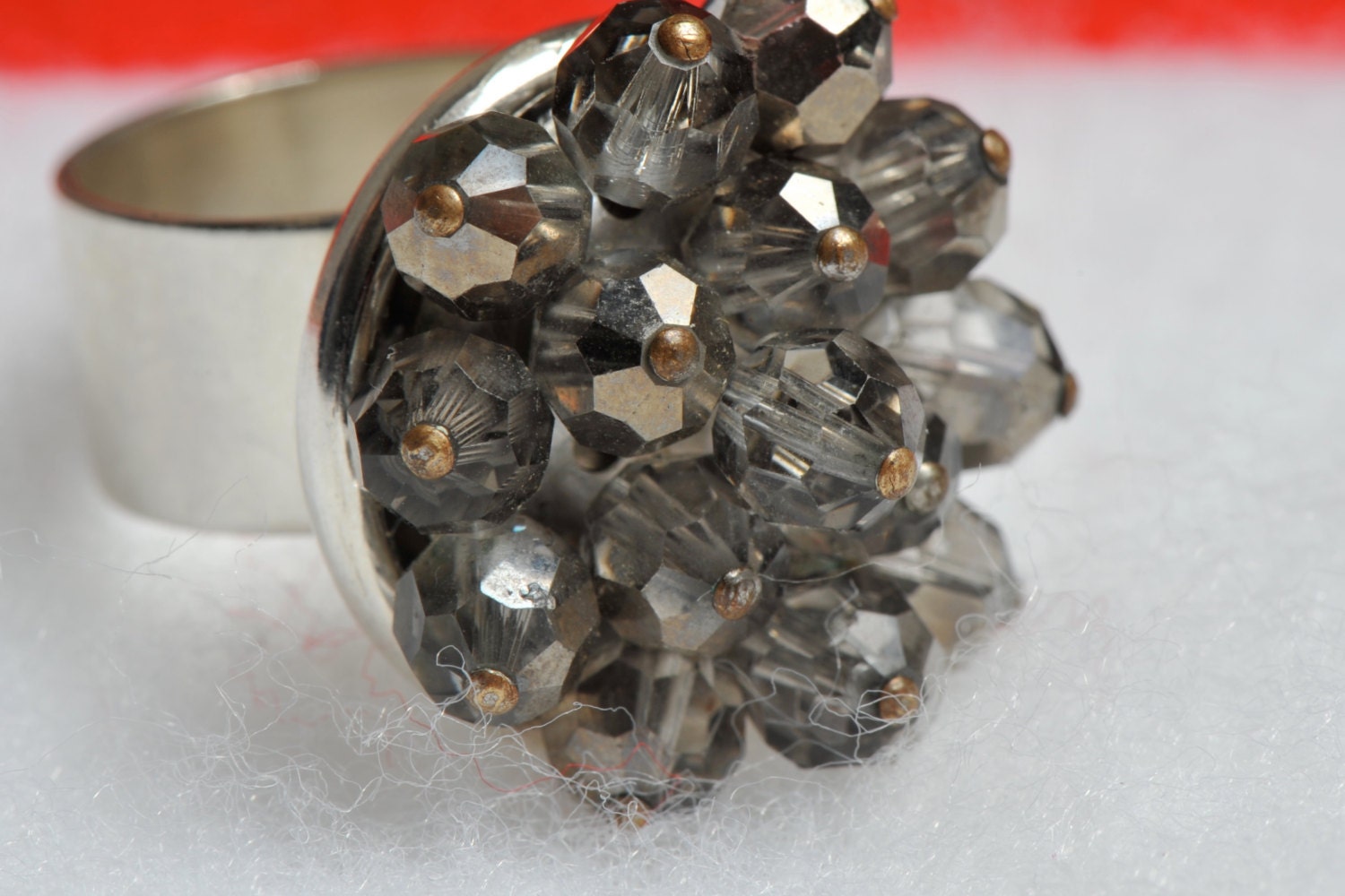 Cocktail ring. Silver cluster. Beads. Repurposed vintage. Adjustable.