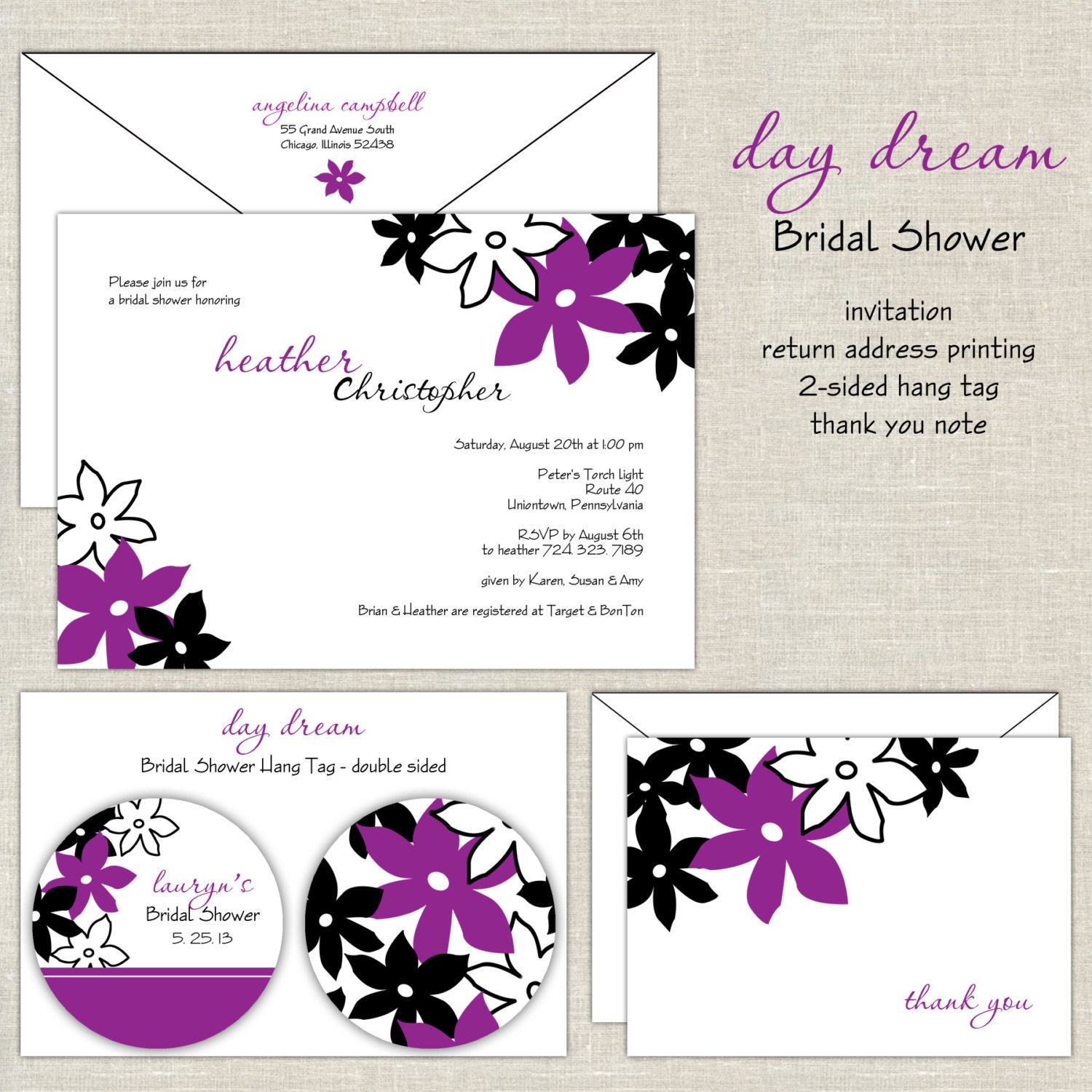 Bridal Shower Invitation Day Dream in Plum Purple and Black Il_170x135