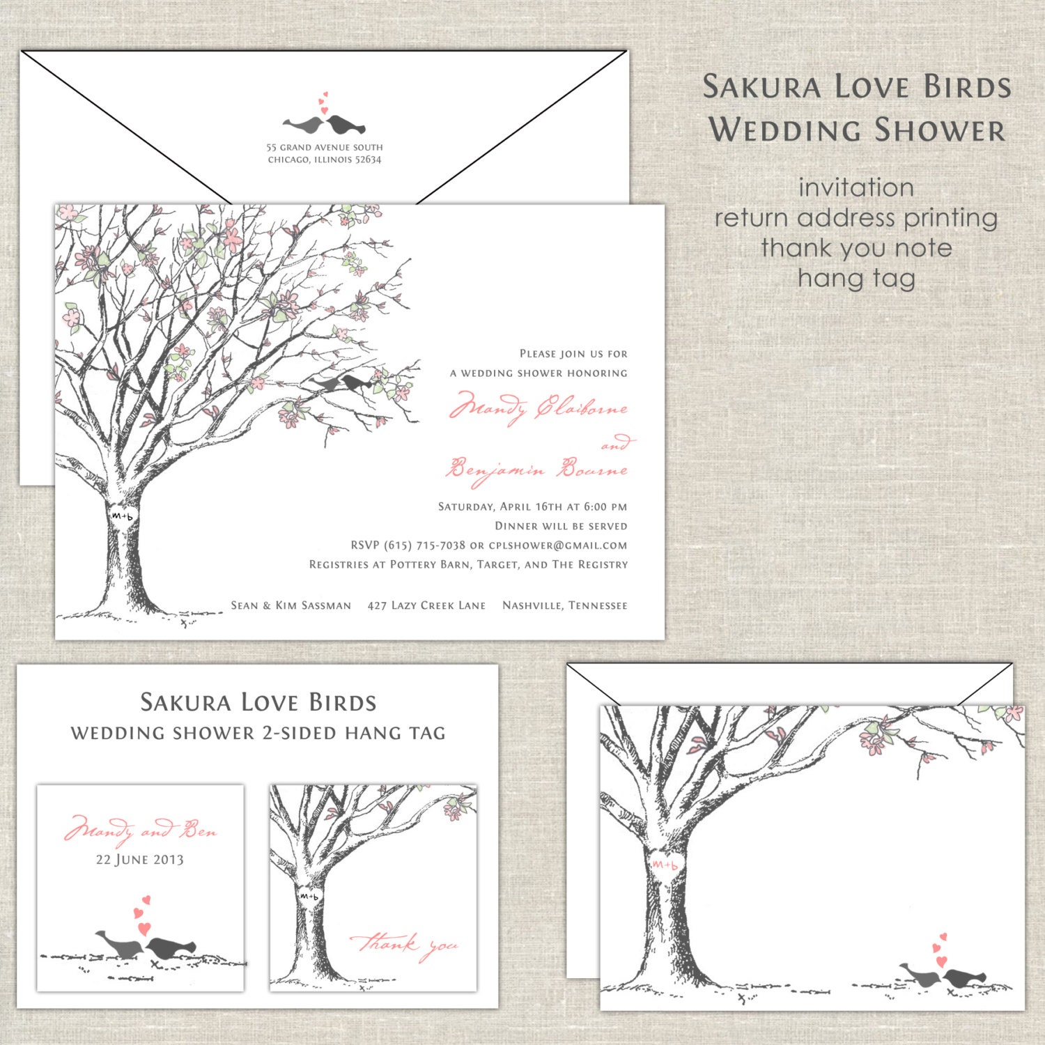 Sakura Cherry Blossom Love Birds Bridal Shower Invitation