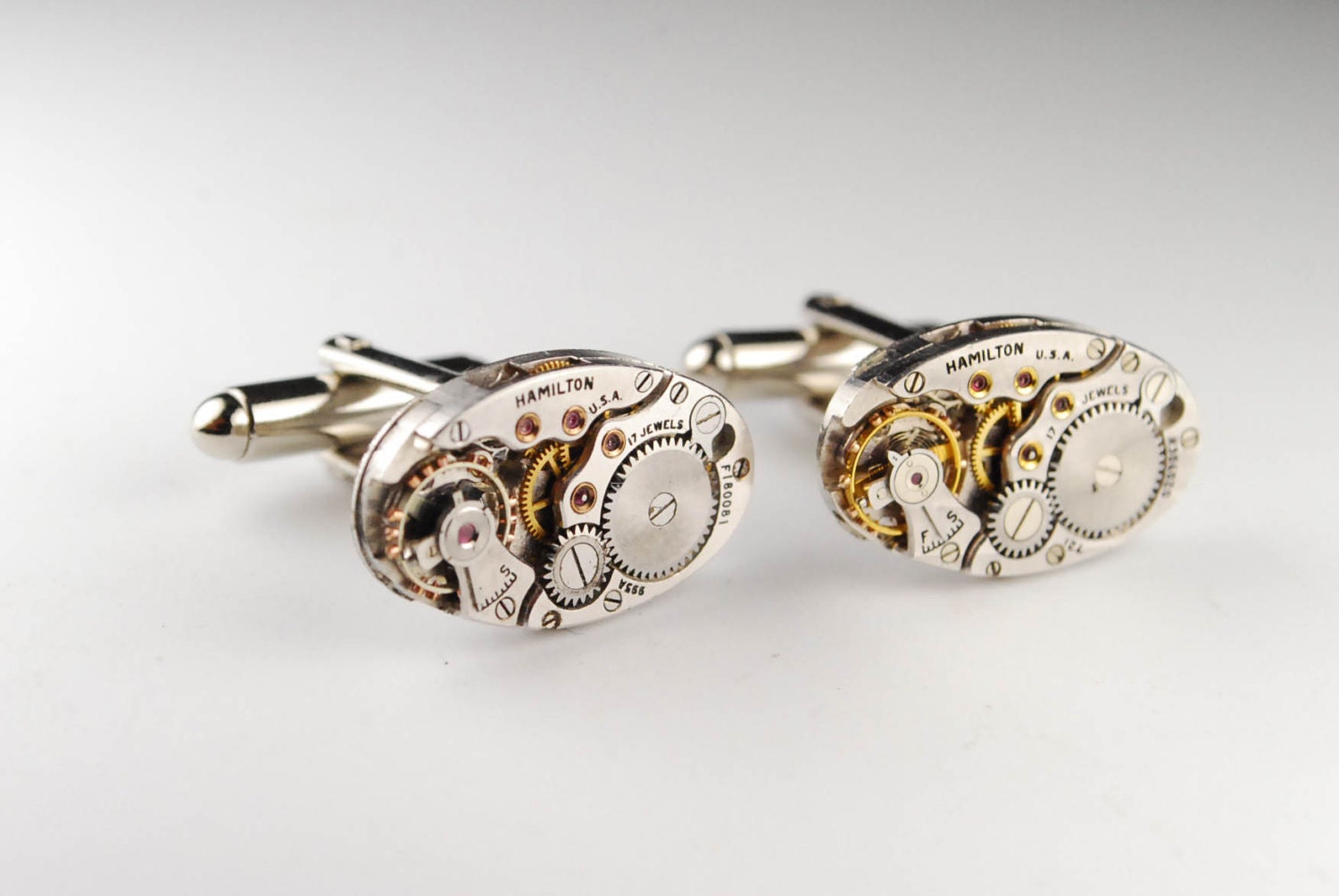 Steampunk Cufflinks Vintage Hamilton Watch Movement Mens Gear Cuff Links by Steampunk Vintage Design