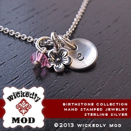 Birthstone Collection - Bella initial disc w/crystal and cherry blossom charm personalized necklace - Hand Stamped Necklace - Jewelry