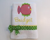 Boys, Girls, Bath, Beach or Pool Towel, Cute Red Gingham Fish Applique, White Towel with Spring Green Polka Dot Ribbon, Monogram