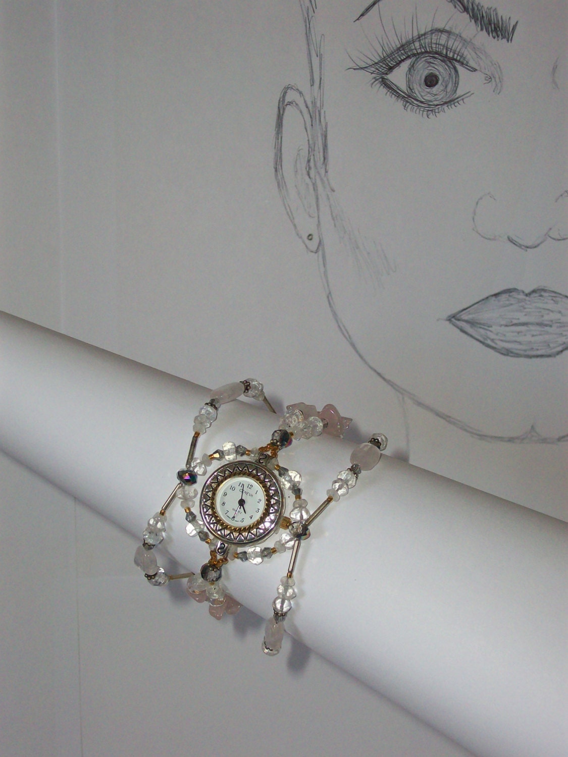 Crystal Bridal  Watch, Rose Quartz, Iolite, Opalite, Quartz,  7 1/2  inches,  Sterling Silver