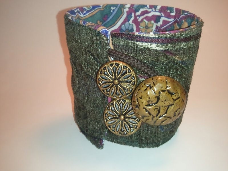 Textured Three button Fiber Art Cuff  with vintage buttons