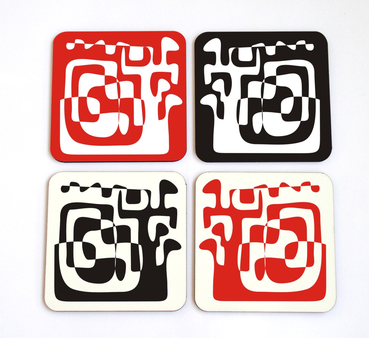 coaster set black white red geometric decor drink coasters hostess home decor set of four coasters housewarming gift idea