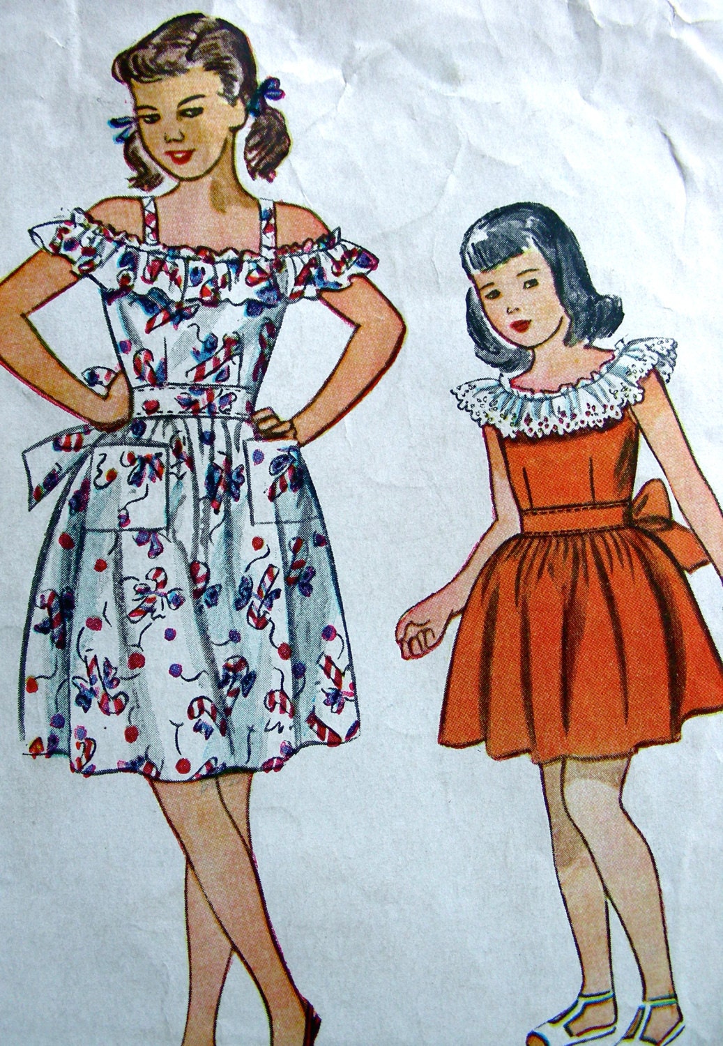Vintage 40's Little Girl's Off-Shoulder Ruffles DRESS with Sash - Vintage Sewing Pattern 2030 - Size 7 - Cut/Complete