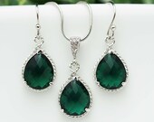 Wedding Jewelry Bridesmaid Jewelry Bridesmaid Earrings Bridesmaid Necklace Emerald Glass Rhodium Trimmed Pear Cut Bridesmaid gift