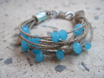 String bracelet light blue crystal - Linen fiber jewelry
