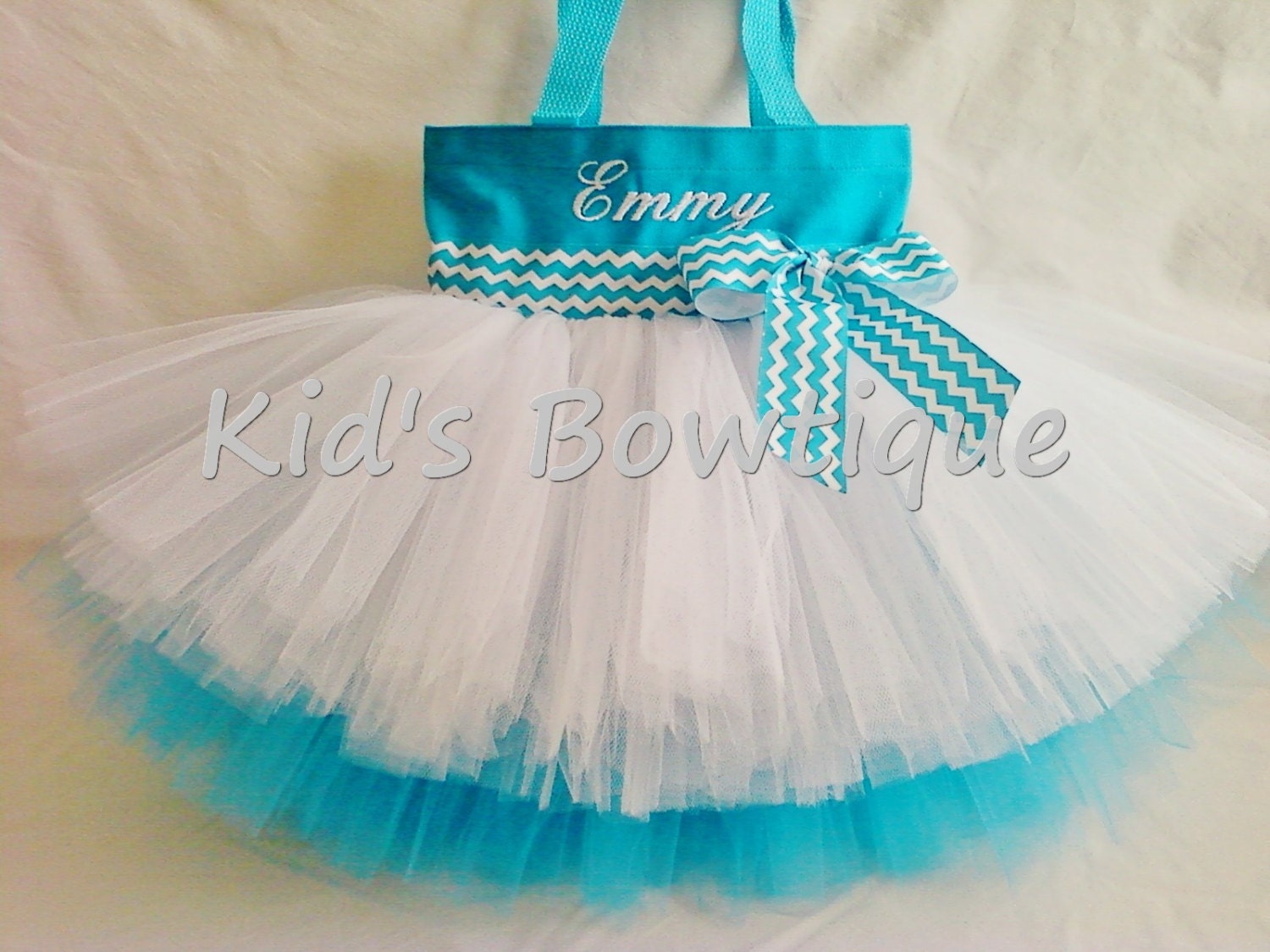 Chevron Ribbon Monogrammed Tutu Tote Bag - Aqua Turquoise Chevron Bag