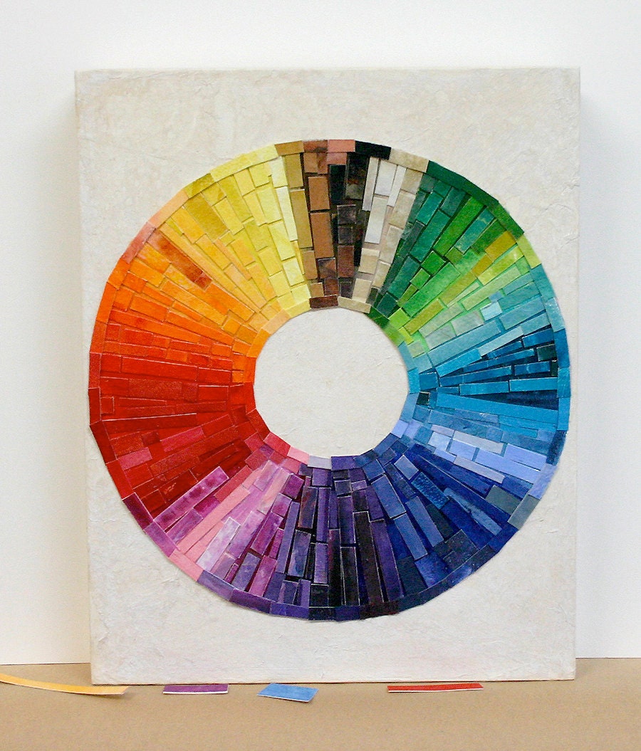 Rainbow Circle Collage Wood Block Art- Multi Color Mixed Media Abstract Original- Ready to Hang- 8x10x1.3