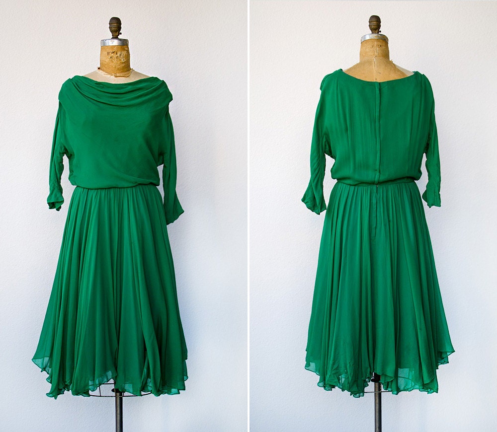 vintage 1950s emerald green dress / 1950s chiffon party dress / Draped in Emeralds Dress