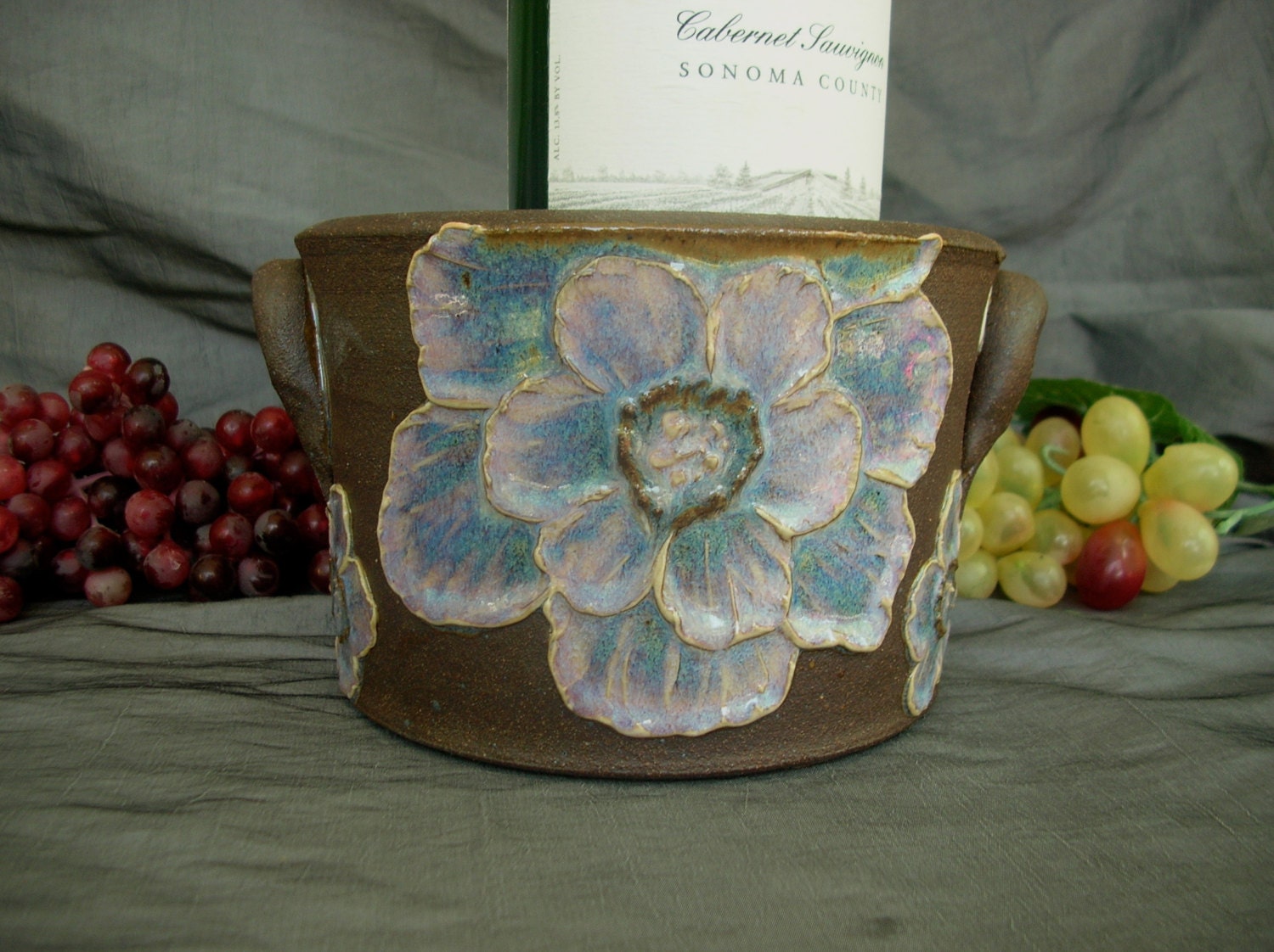 Ceramic Wine Bucket, Kitchen Bucket, Utensil Holder with Poppy Flowers in Black Mountain and Dusk Purple