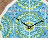Wall Clock -  Turquoise and Lime Whimsical Print Ceramic Plate Kitchen, Bedroom, Living Room  Wall Clock No. 1001 (9 inches)