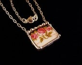 Art Nouveau roses broken china jewelry necklace pink rose trio made from a broken china plate