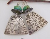Sterling Silver Earrings with Turquoise & Black Agate Stones, Artisan Handcrafted Modern Silver Jewelry, Textured Silver Dangle Earrings