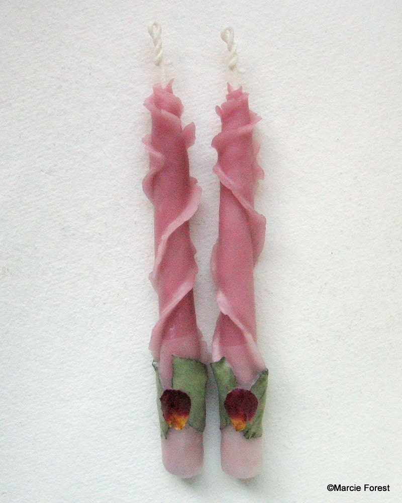 Mauve Rose Tapers, Ready to Ship - Mothers Day, Engagement Gift, Spring Wedding - Beeswax, Rose Petals - Unique Candles by Marcie Forest