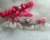 Wedding Garter Set Hot Pink With Ivory Chantilly Lace And Rhinestone Embellishment