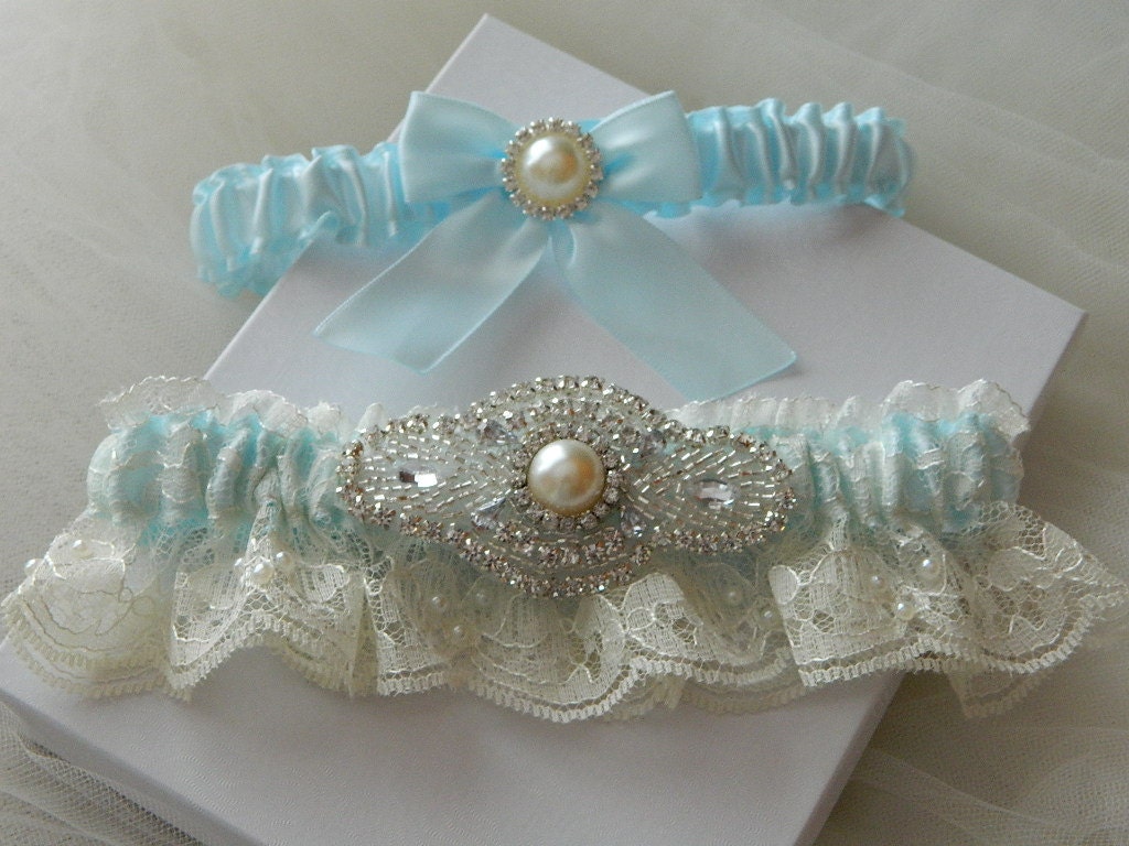 Wedding Garter Set Baby Blue With Ivory Chantilly Lace Pearl And Rhinestone Embellishment
