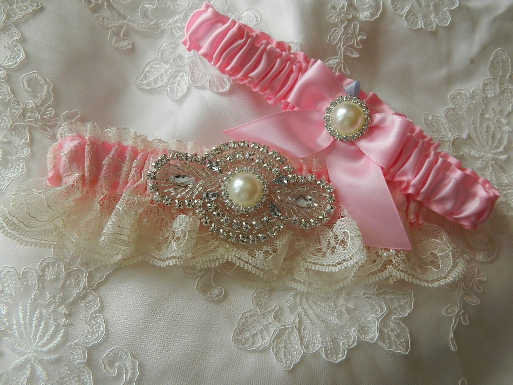 Wedding Garter Set Pink Satin With Ivory Chantilly Lace Pearl And Rhinestone Embellishment