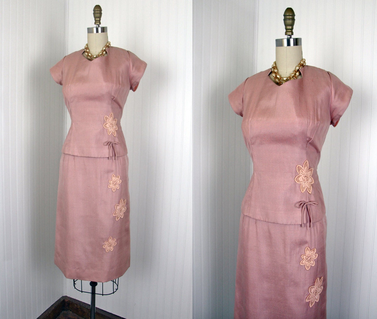 1950s Dress - Vintage 50s Dress - Pink Silk Party Wiggle w 3D Flowers M L - Falling at Her Feet