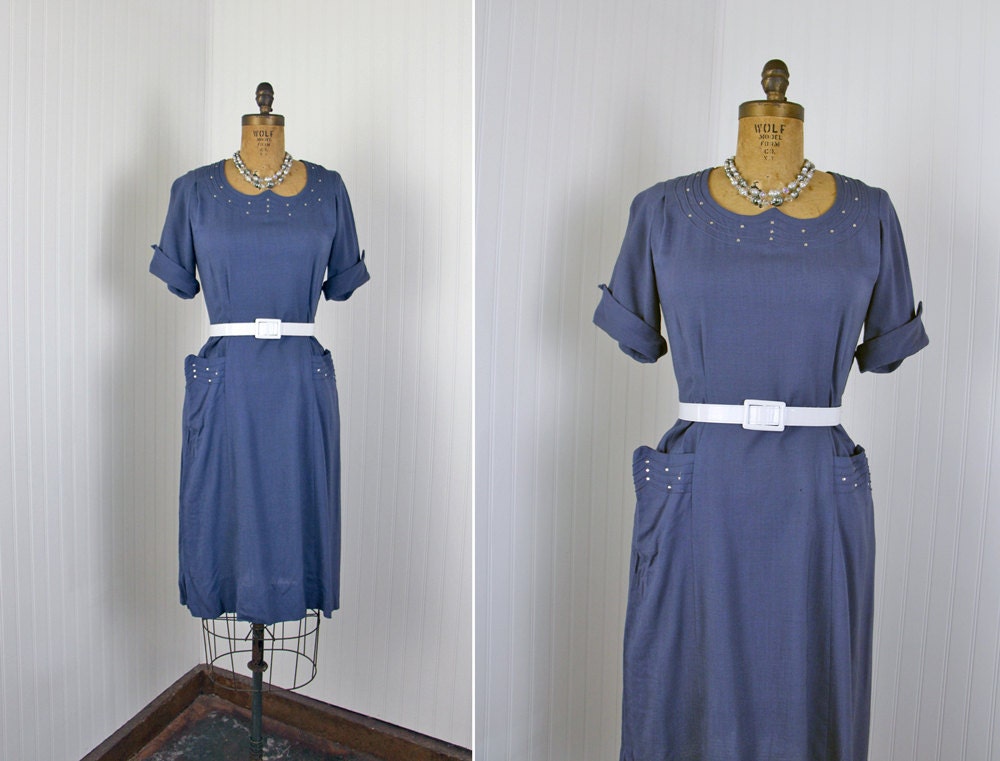 1950s Dress - Vintage 40s 50s Dress - Atomic Blue Rhinestones Swing Linen L - Spark of Interest