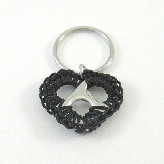 upcycled heart keychain - crochet black pop tab heart - keyring, eco