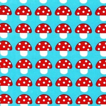 Bermuda Blue Aqua Red Mushrooms - Woodland Pals Ann Kelle - Robert Kaufman - Fabric - Fat Quarter 18 by 22