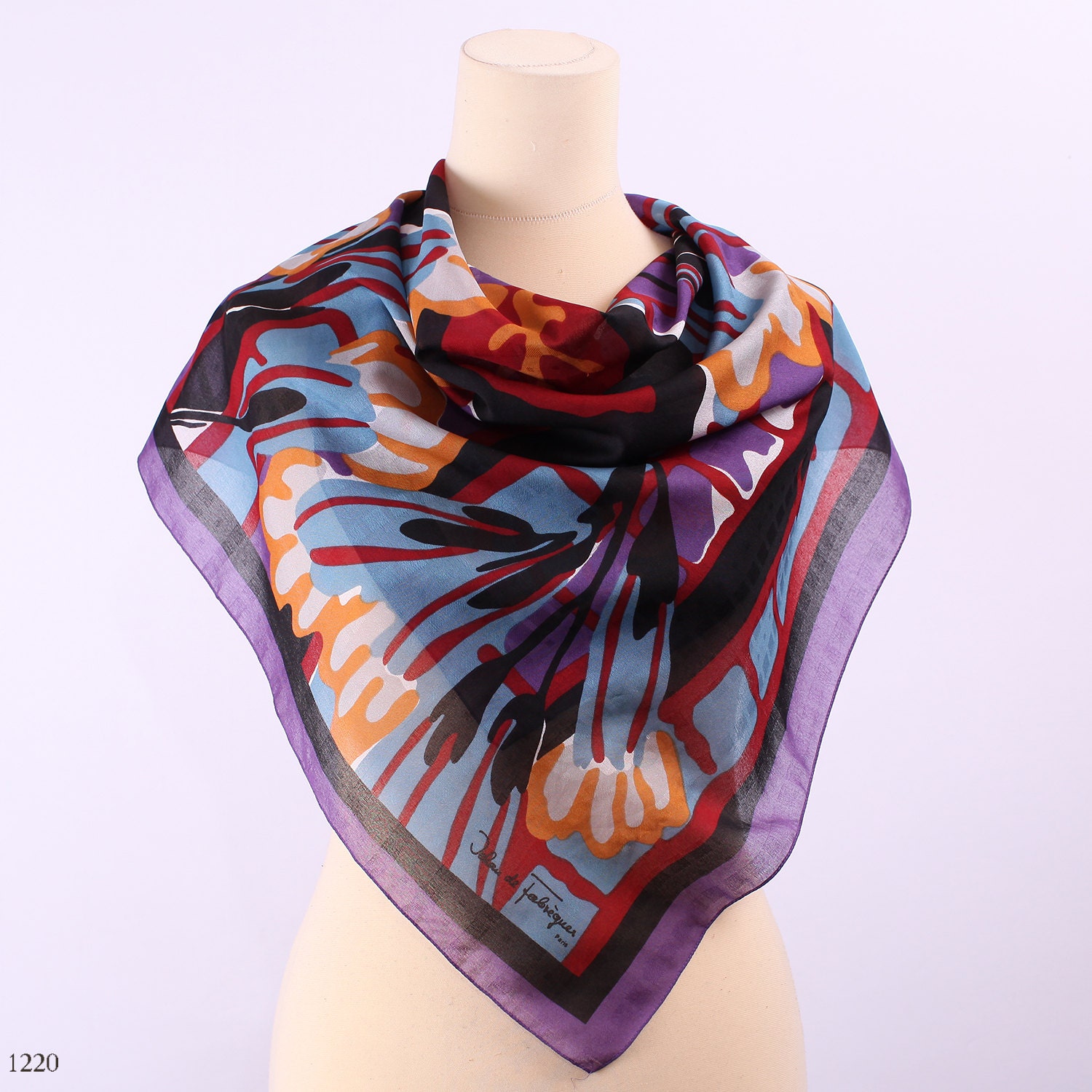70s Boho Scarf / Shades of Purple/ Abstract print