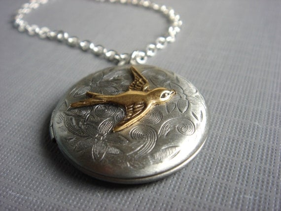 A Little Birdie Told Me - Necklace - Antiqued Silver Floral Sparrow Locket - Two Tone Pendant - Keepsake Jewelry