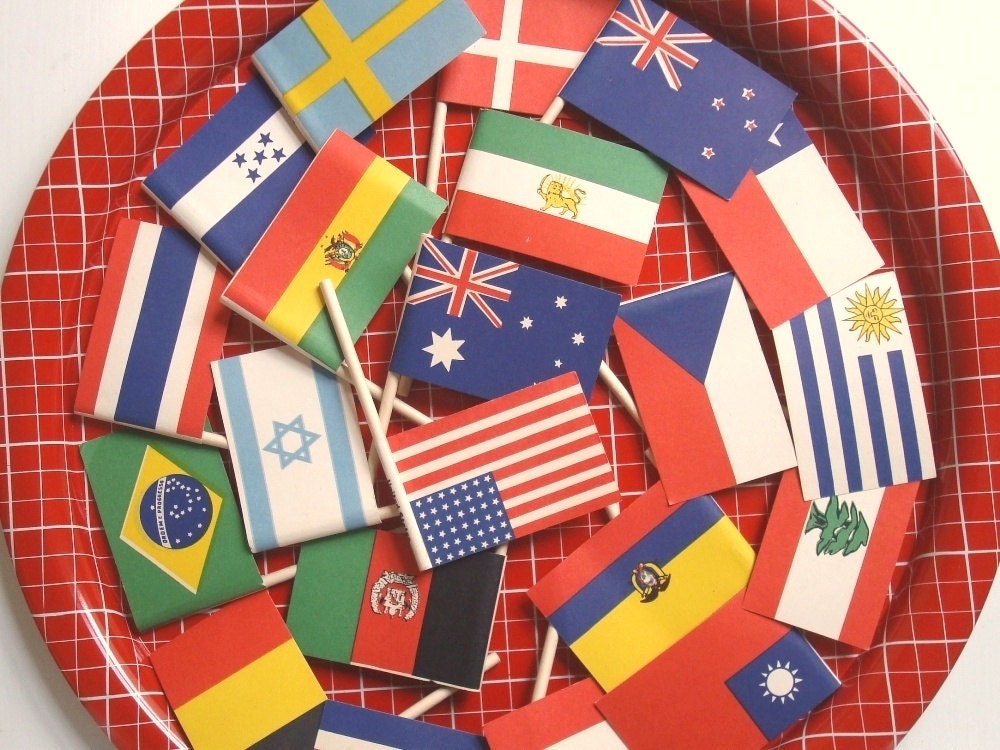 Flags of United Nations, 60 vintage flags of the world, cupcake toppers, mini flags, 1950s