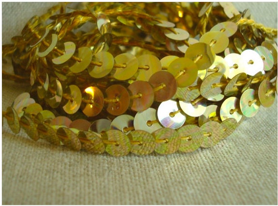 Vintage sequins, sewing trim, 8 ft. gold sequin trim, 6 mm costume trim