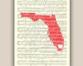 Florida State Map Art Print, on old sheet music 11x14 Print, customizable hearted city, map silhouette wall art, home decor