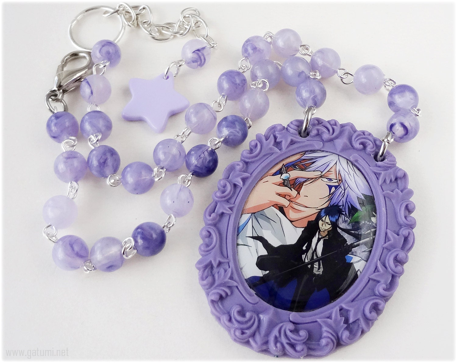 Byakuran and Mukuro Necklace, Lavender Cameo Pendant, Beaded Choker in Silver - Anime, Katekyo Hitman Reborn