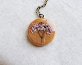Flower Wood Necklace Real Dried Spirea Flower Purple Wood Resin Jewelry Unique Jewelry Naturalist Gift Bridal Jewelry