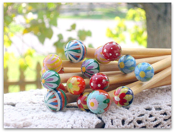 Wooden hand painted knitting needles set, 10 inches long
