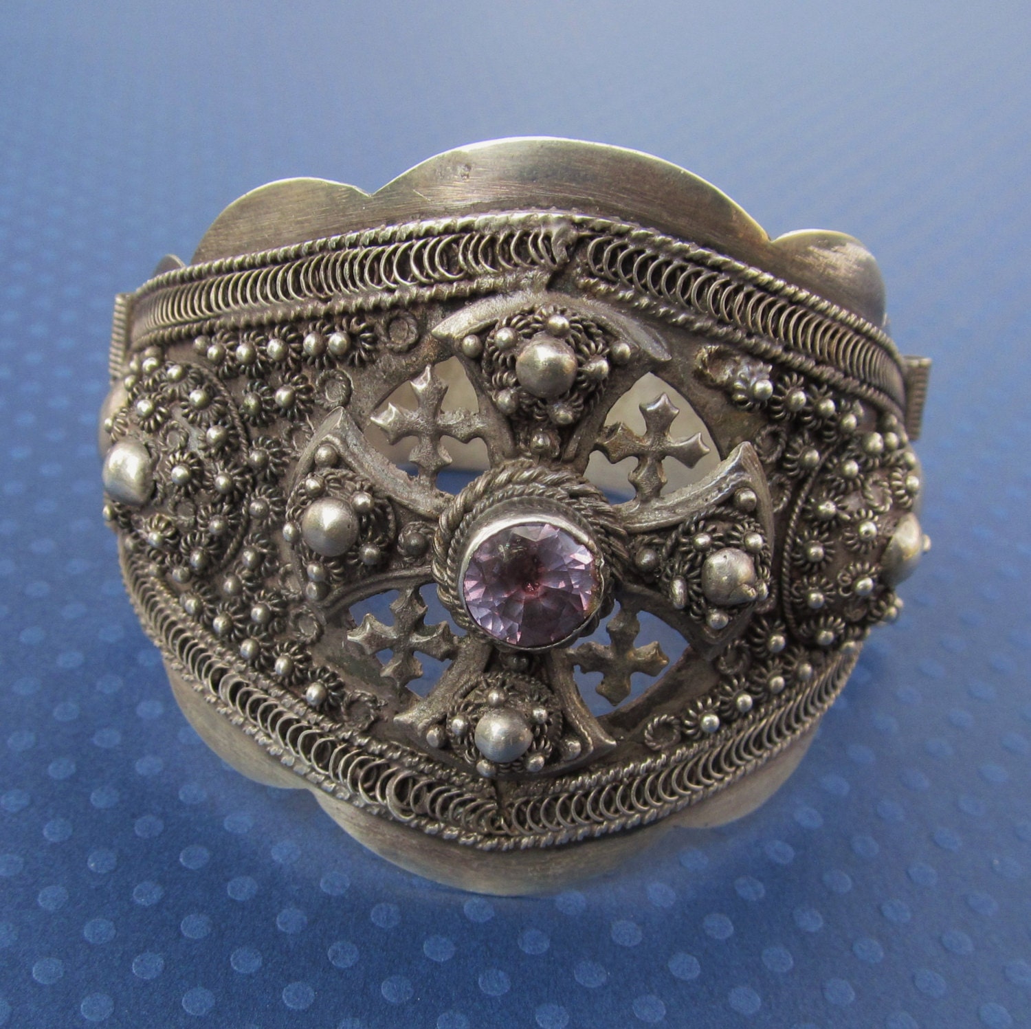 Antique Jerusalem Cross 950 Silver Bracelet With A Corundum Alexandrite Stone Religious Jewelry