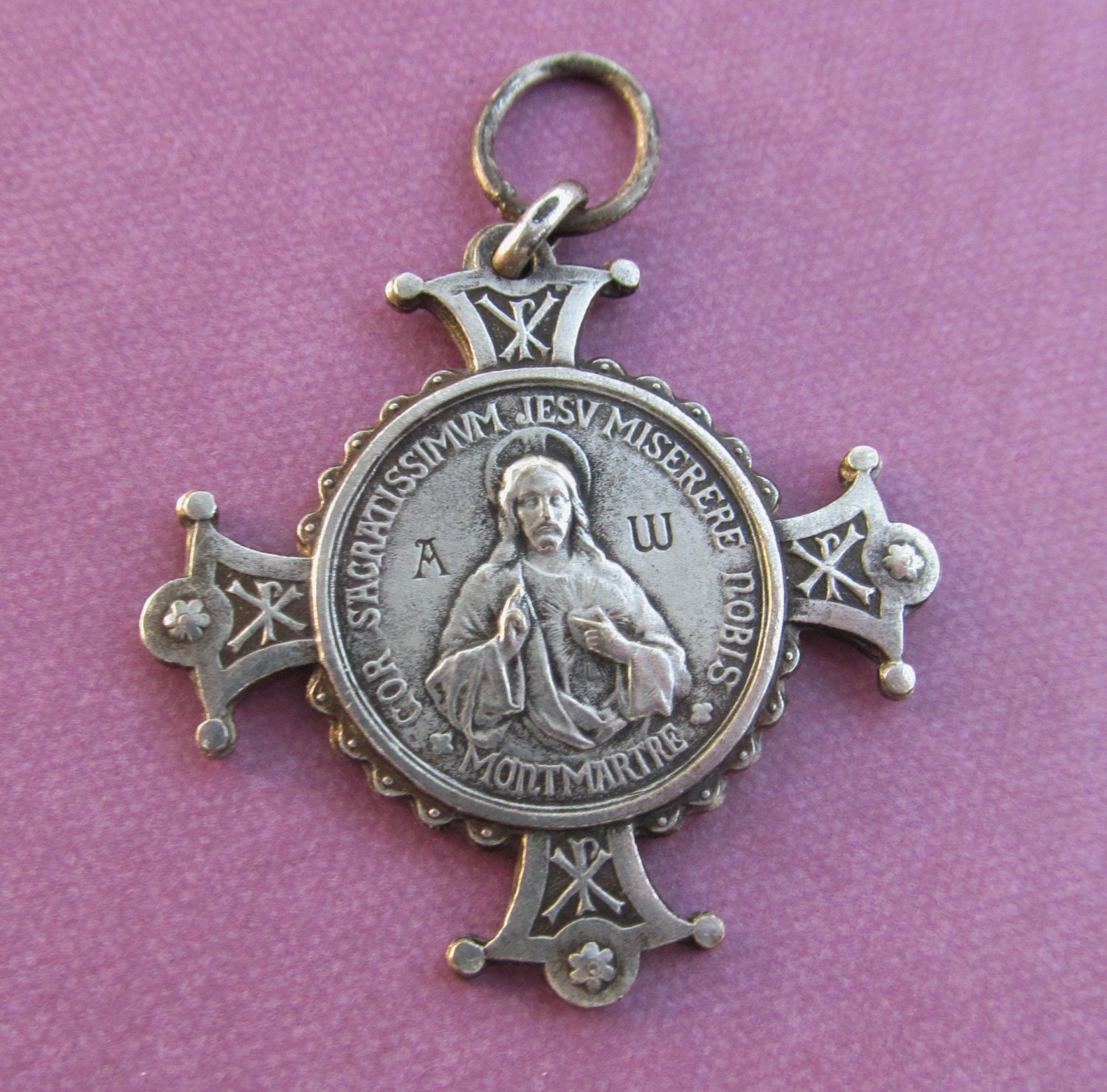 Antique Sacred Heart Of Jesus Alpha And Omega Cross Religious Medal SS-156